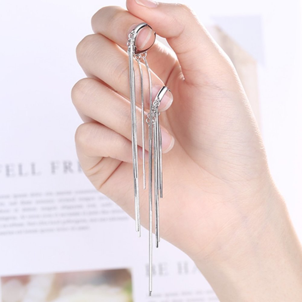 NEW 925 Sterling Silver Tassel Hoop Earrings - Picture 4 of 8
